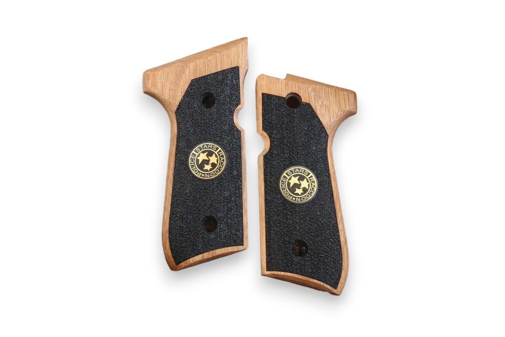 HK GRIPS Compatible with Beretta 92/96/98/M9 Full Size Grips, Resident Evil, Samurai Edge, Biohazard Raccoon S.T.A.R.S, Light Walnut Wood