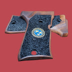 HK GRIPS Walnut Wooden Grip Panels Compatible with Beretta 92 Compact Samurai Edge Style Resident Evil Raccoon Stars Design Blue Logo