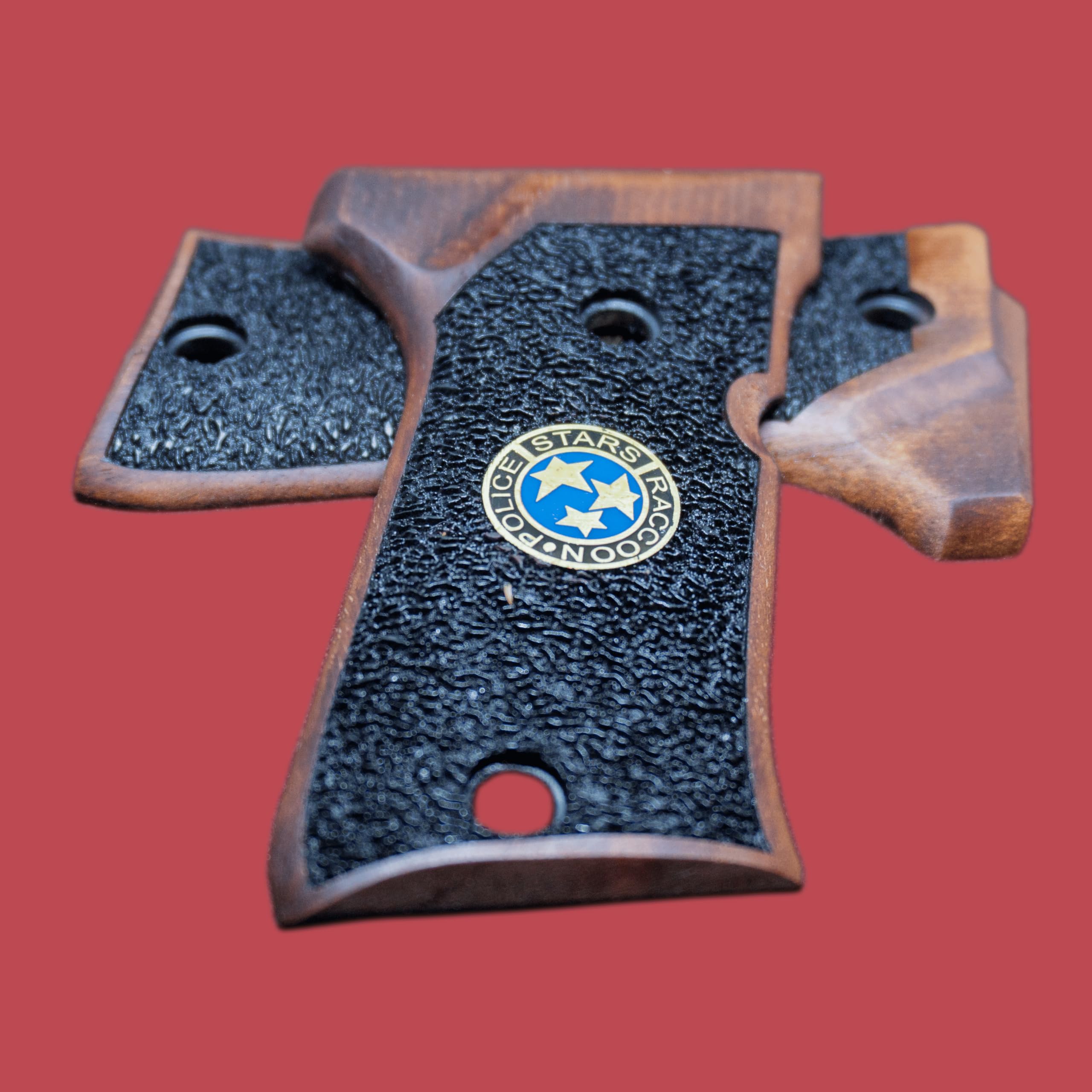 HK GRIPS Walnut Wooden Grip Panels Compatible with Beretta 92 Compact Samurai Edge Style Resident Evil Raccoon Stars Design Blue Logo
