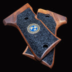 HK GRIPS Walnut Wooden Grip Panels Compatible with Beretta 92 Compact Samurai Edge Style Resident Evil Raccoon Stars Design Blue Logo
