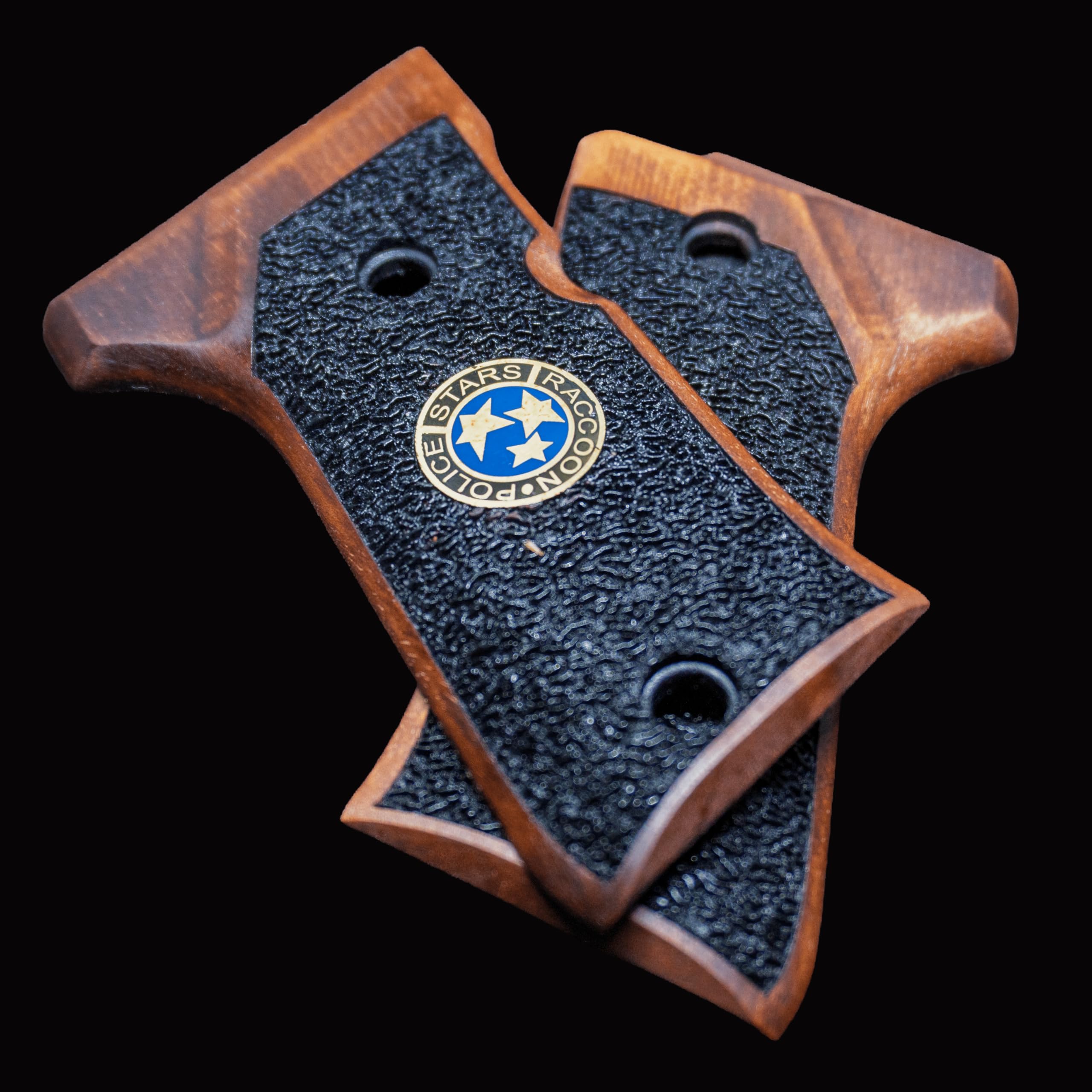 HK GRIPS Walnut Wooden Grip Panels Compatible with Beretta 92 Compact Samurai Edge Style Resident Evil Raccoon Stars Design Blue Logo