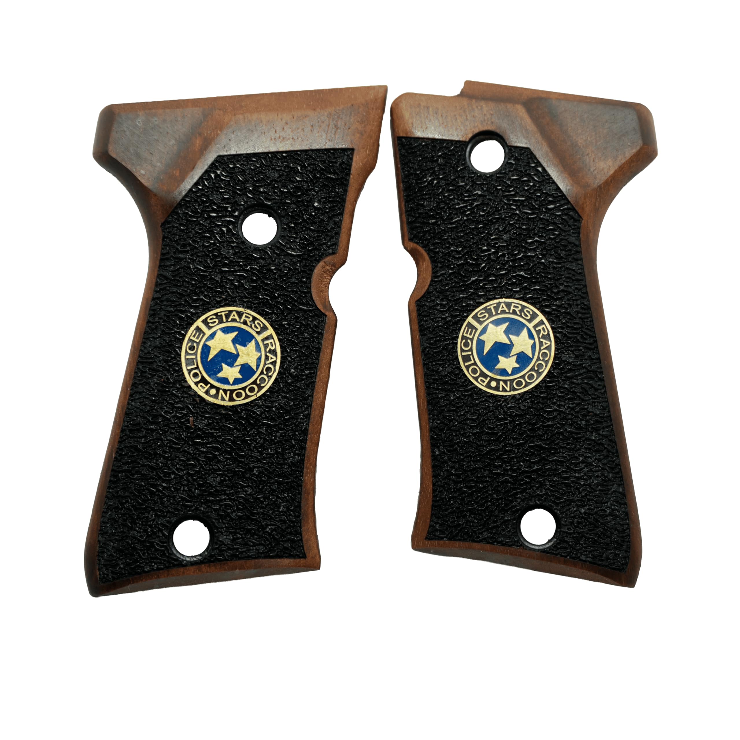 HK GRIPS Walnut Wooden Grip Panels Compatible with Beretta 92 Compact Samurai Edge Style Resident Evil Raccoon Stars Design Blue Logo