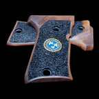 HK GRIPS Walnut Wooden Grip Panels Compatible with Beretta 92 Compact Samurai Edge Style Resident Evil Raccoon Stars Design Blue Logo