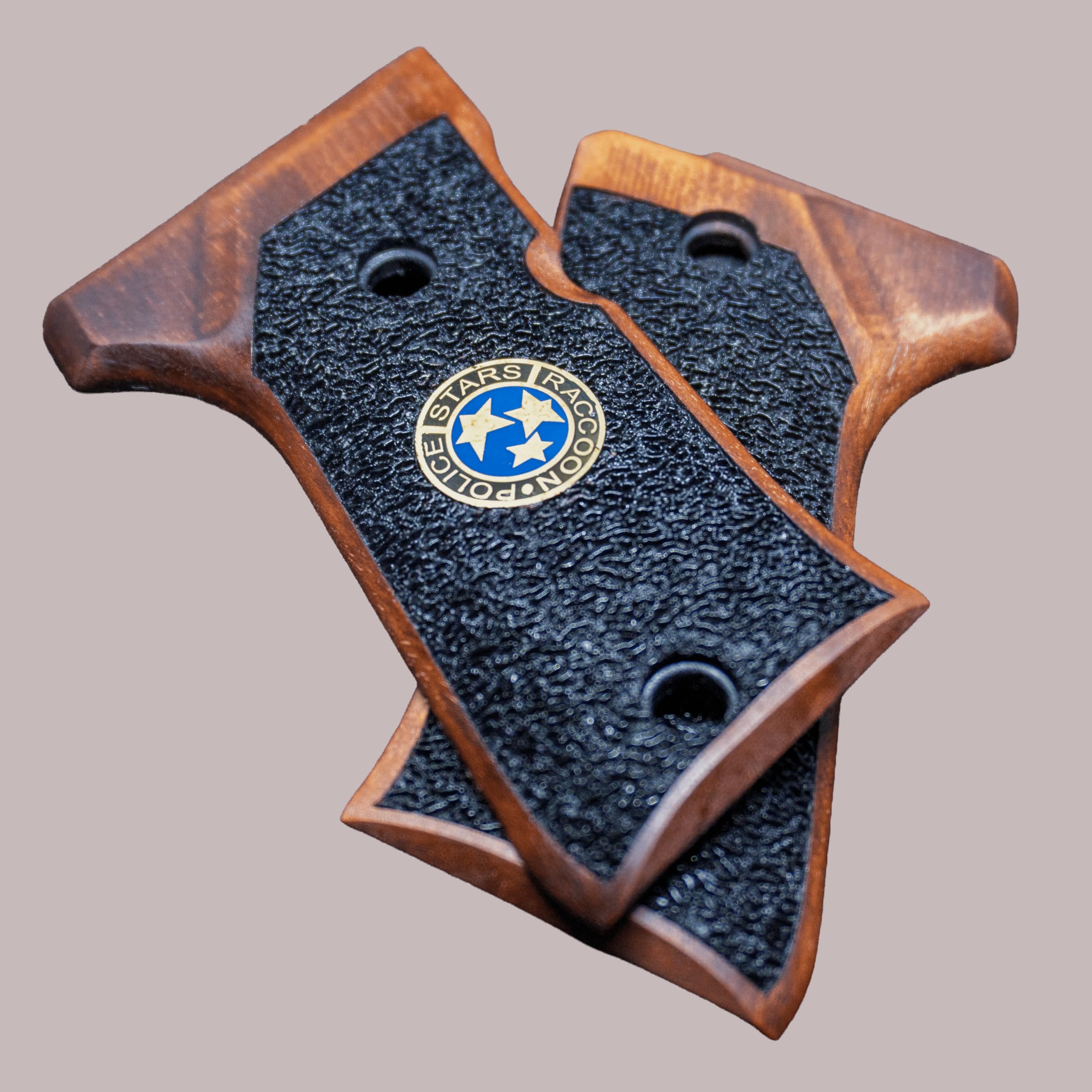 HK GRIPS Walnut Wooden Grip Panels Compatible with Beretta 92 Compact Samurai Edge Style Resident Evil Raccoon Stars Design Blue Logo