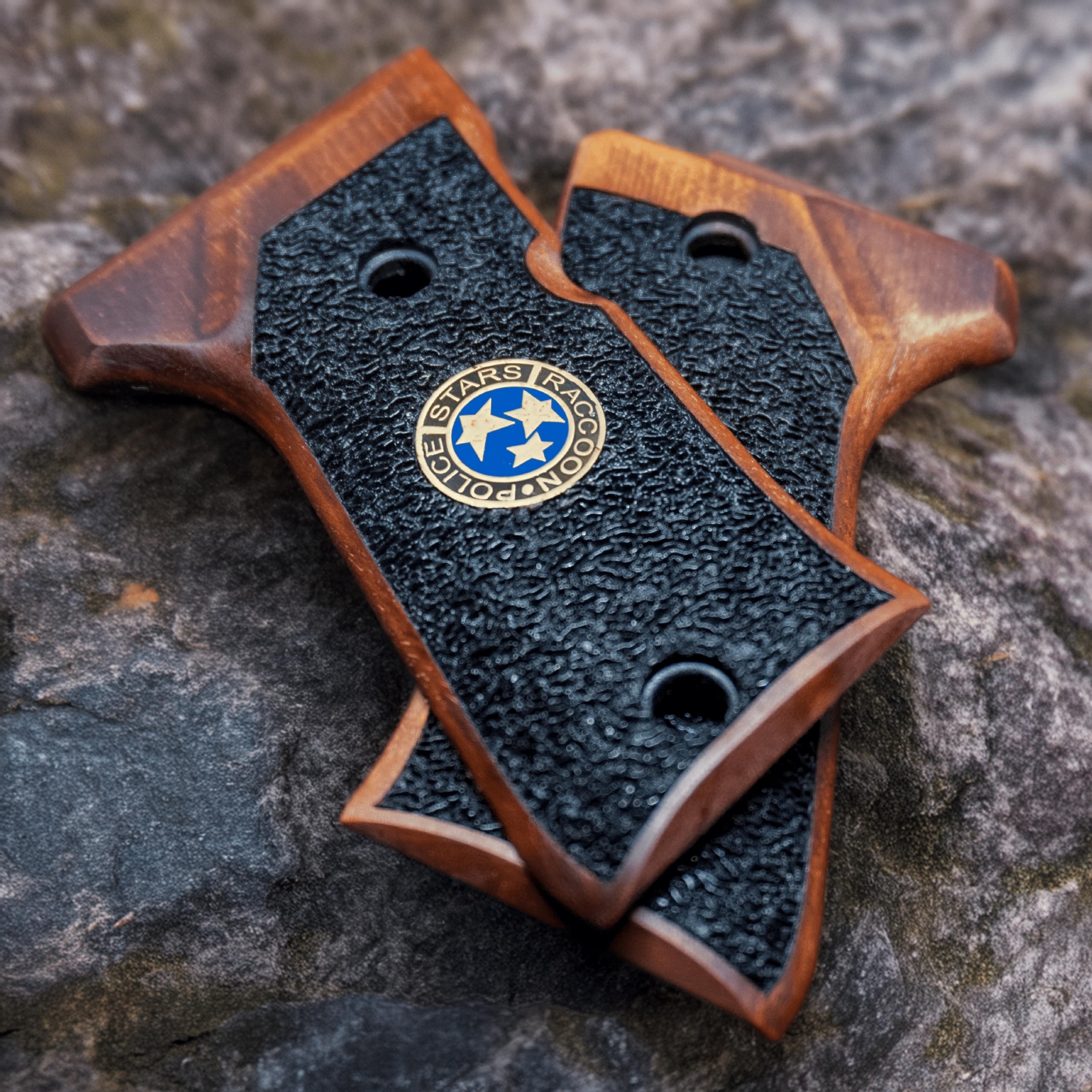 HK GRIPS Walnut Wooden Grip Panels Compatible with Beretta 92 Compact Samurai Edge Style Resident Evil Raccoon Stars Design Blue Logo