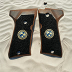 HK GRIPS Walnut Wooden Grip Panels Compatible with Beretta 92 Compact Samurai Edge Style Resident Evil Raccoon Stars Design Blue Logo