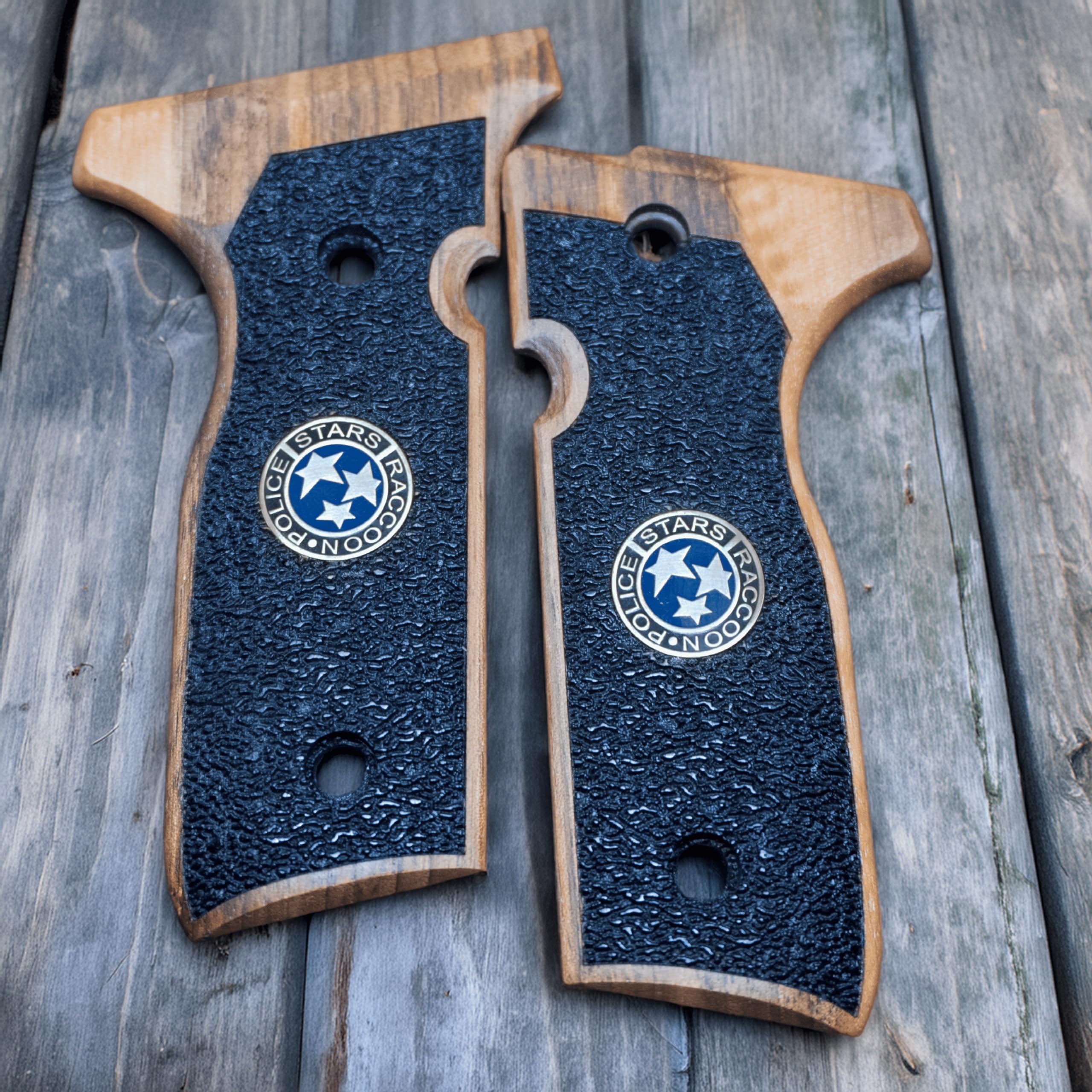 HK GRIPS Walnut Wooden Grip Panels Compatible with Beretta Stoeger Cougar 8000/8040 / 8357 Samurai Edge Style Resident Evil Stars Design