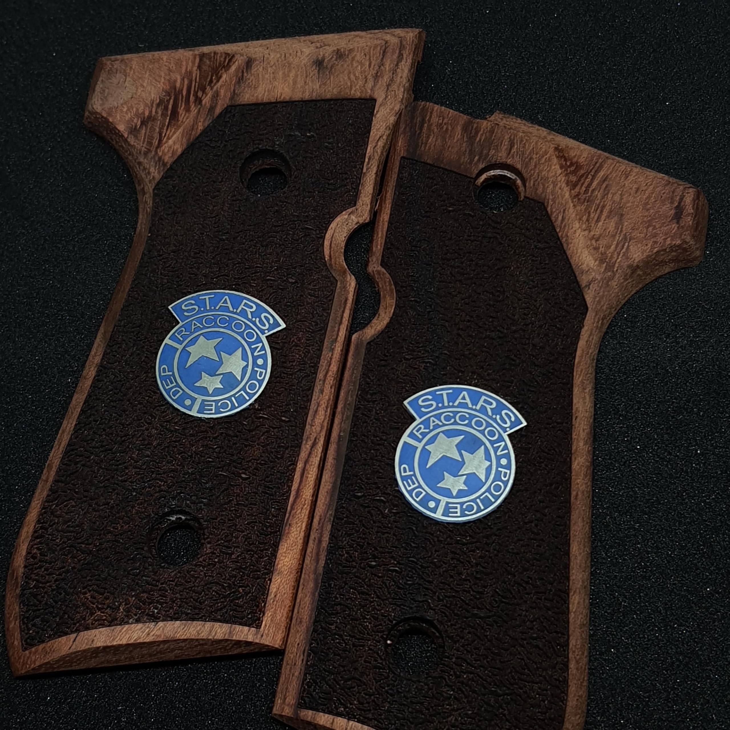 HK GRIPS Compatible with Beretta 92/96/98/M9 Full Size Grips, Resident Evil, Samurai Edge, Biohazard Raccoon S.T.A.R.S, Light Walnut Wood