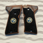 HK GRIPS Walnut Wooden Grip Panels Compatible with Beretta 92 Compact Samurai Edge Style Resident Evil Raccoon Stars Design Blue Logo