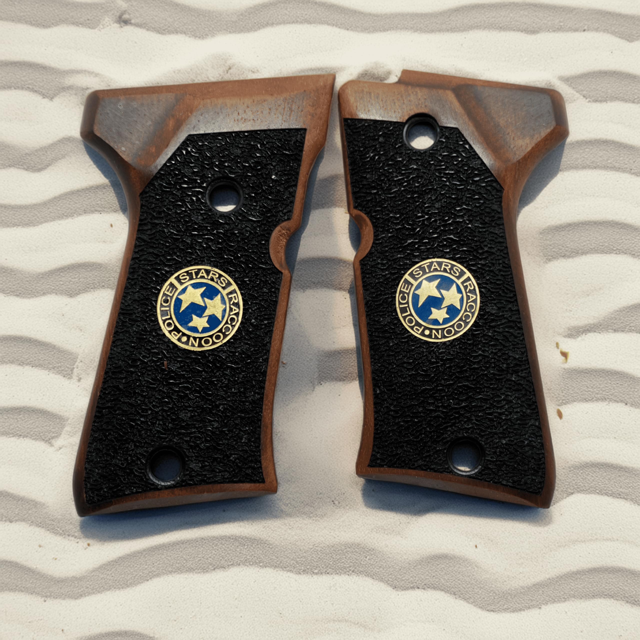 HK GRIPS Walnut Wooden Grip Panels Compatible with Beretta 92 Compact Samurai Edge Style Resident Evil Raccoon Stars Design Blue Logo